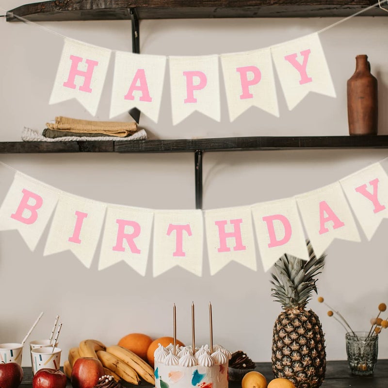 CROWNOS Burlap Happy Birthday Banner  Assembled Reusable Pink Happy Birthday Sign for Rustic Birthday Party Decorations - Image 5
